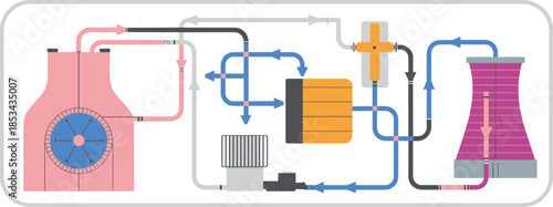 Nuclear power plant process diagram illustration, reactor cooling system workflow, electricity generation technology, industrial energy infographic, minimalist vector design