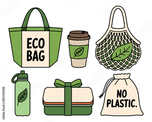 A collection of reusable eco-friendly products promoting a sustainable lifestyle.