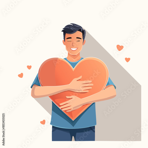 Joyful man embracing a large heart with affection and care, conveying love and happiness in a heartwarming illustration
