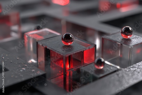 Geometric 3D structure with clear and red glass cubes, reflective surfaces, and shiny spheres. Soft focus and artistic light create a futuristic, abstract appearance