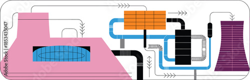 Nuclear power plant process diagram illustration, reactor cooling system workflow, electricity generation technology, industrial energy infographic, minimalist vector design