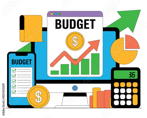 Computer screen displays a budget graph with coins and a calculator.