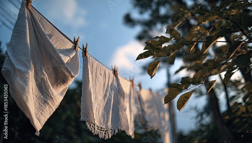 White fabric items drying on a clothesline in golden hour light