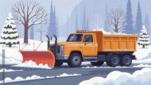 An orange snow plow truck clears a residential street during a winter snowfall