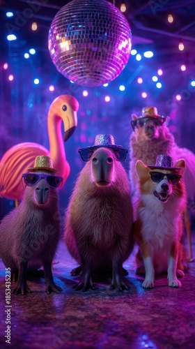 Capybaras and a dog in party hats and sunglasses under a disco ball, surrounded by colorful lights and a flamingo statue. The festive atmosphere creates a lively scene