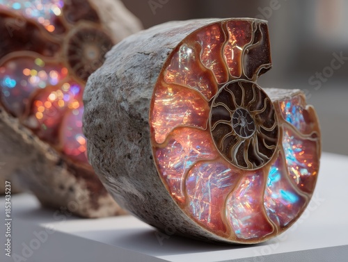 Sliced fossil shell revealing vibrant iridescent chambers with pink, orange, and blue hues. Textures and colors create a striking visual contrast against a plain surface