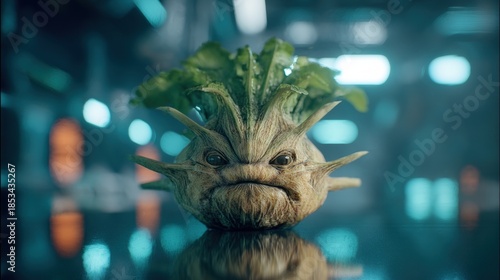 Fantastical creature with a grumpy face, leafy top, resembling a mix between a vegetable and an alien. It sits on a shiny surface with a blurred futuristic background