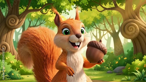 Adorable cartoon squirrel holding a large acorn in a lush, magical forest setting