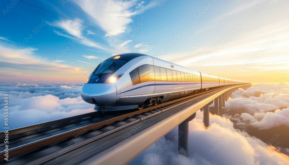 Obraz premium High Speed Train Journey Above the Clouds at Sunset.