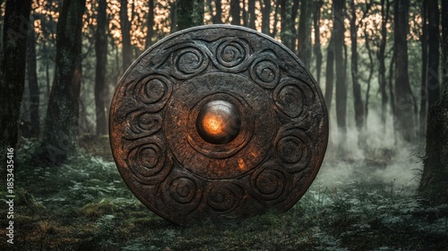 Ancient Celtic shield, La TÃ¨ne style, embossed bronze with swirling patterns, reflecting an otherworldly forest, misty battlefield dawn