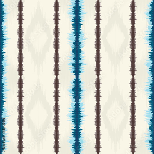 Ethnic ikat blue and brown dye yarns weaving seamless pattern. Vector hand drawn craftsmanship embroidery bohemian, abstract strip vertical line geographic art fabric ikat textile material design 