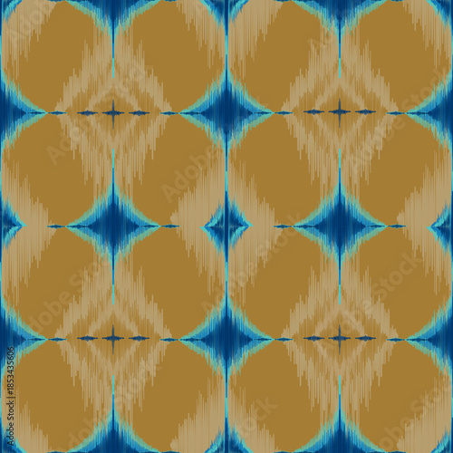 Ethnic ikat blue dye yarns weaving seamless pattern on yellow background. Vector hand drawn craftsmanship embroidery bohemian, abstract strip vertical line geographic art fabric ikat textile material 