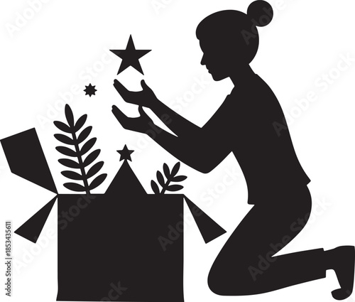 Silhouette woman preparing christmas decorations unpacking holiday ornaments from box