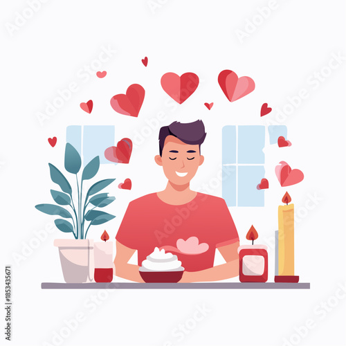 A man enjoys a moment of bliss surrounded by floating hearts and romantic candlelight