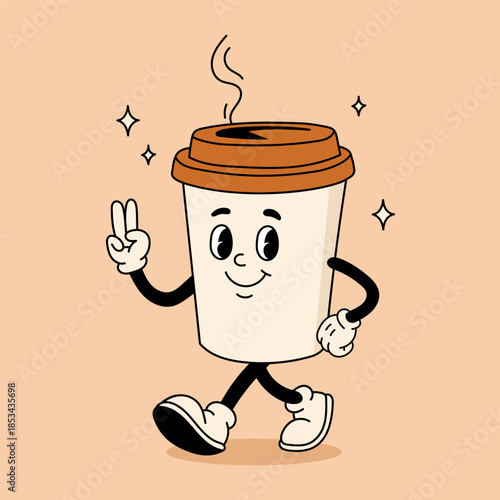 Retro cartoon coffee cup character. Coffee mug mascot. 60s 70s 80s groovy contour vector illustration. Espresso black coffee cup.