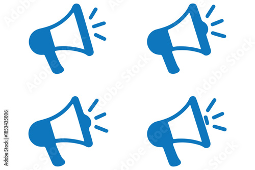 Vector art of four megaphone icons one in outline and one in solid black representing announcements