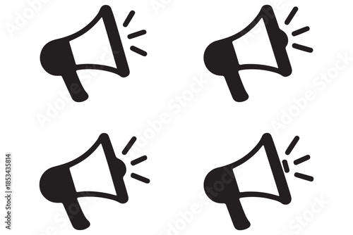 Vector art of four megaphone icons one in outline and one in solid black representing announcements