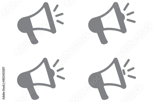 Vector art of four megaphone icons one in outline and one in solid black representing announcements