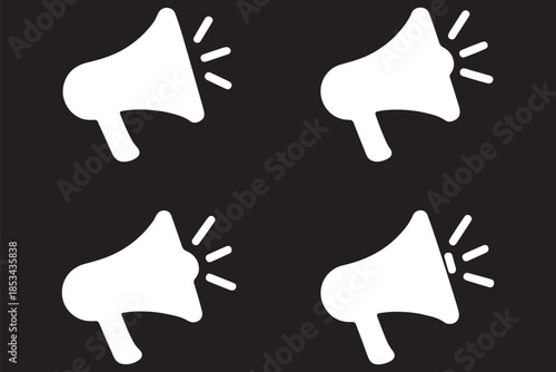 Vector art of four megaphone icons one in outline and one in solid black representing announcements