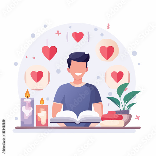 A person enjoying a quiet reading moment, surrounded by warm candlelight and symbolic hearts, illustrating self-love, emotional well-being, and peaceful personal growth