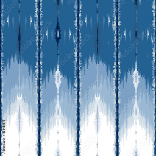 Ethnic ikat blue blush dye yarns weaving seamless pattern. Vector hand drawn craftsmanship embroidery bohemian, abstract strip vertical line geographic art fabric ikat textile material design 