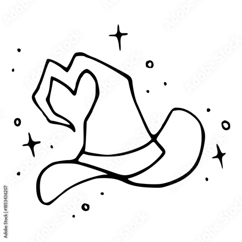 black and white line drawing of a witch's cap