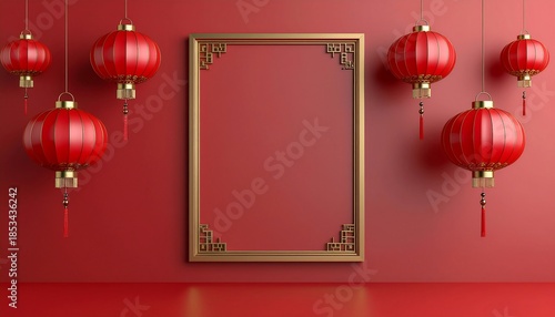 Vibrant Lunar New Year Celebration Background with Traditional Red Lanterns and Ornate Golden Frame for Festive Message or Product Presentation