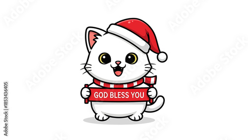 White Cat with Santa Hat and God Bless You Sign.
