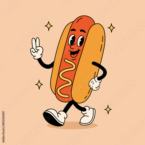 Cartoon hot dog character in retro groovy 70s style. Vintage bratwurst mascot. Nostalgia 60s, 80s Fast food vector illustration. 