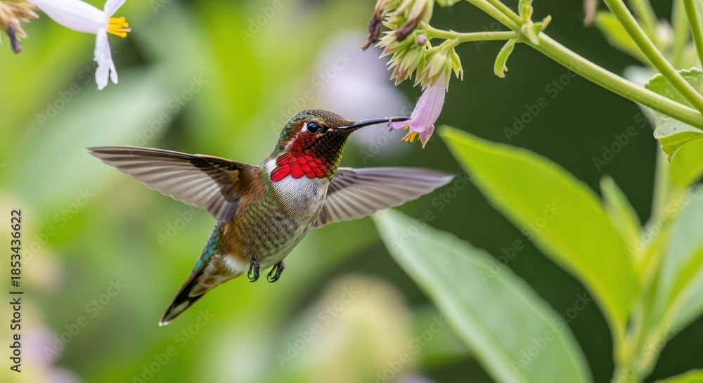 Naklejka premium Rufous hummingbird sips nectar from a delicate purple flower in verdant foliage