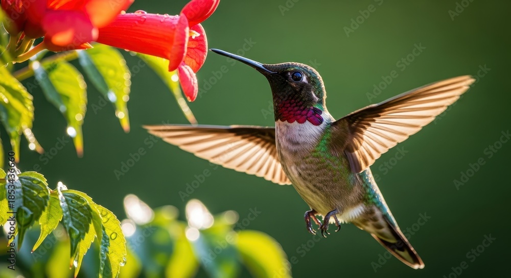 Naklejka premium Ruby-Throated Hummingbird in Flight: A Vibrant Moment of Nature's Intricate Beauty