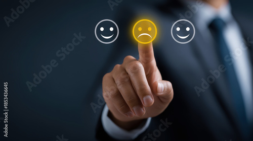 Person touching virtual screen with happy and sad . symbols for customer service experience review.