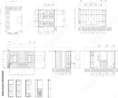Interior Design Drawing of Walk-in Closet with Wardrobe Layout and Construction Section