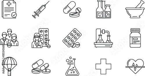 Medical icons, healthcare symbols, pharmacy tools, medication, pills, laboratory, research, emergency supplies, heart health, pharmaceutical care, vector design