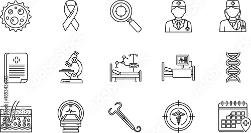 Medical icon set, healthcare, diagnostics, professionals, DNA, surgery, appointment, cancer awareness, microscope, minimal line style, vector symbols
