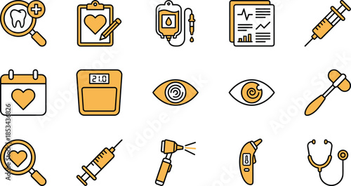 Medical healthcare icon set, diagnostics treatment monitoring tools, hospital clinic symbols, modern flat outline vector illustration collection