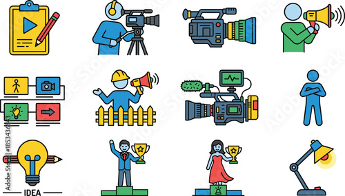 Media production icons, video editing, creative workflow, communication tools, filmmaking, storyboard, idea generation, trophy celebration, studio equipment, content creation