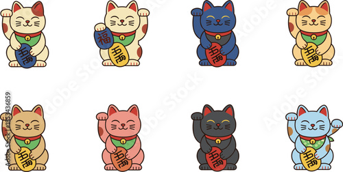Lucky maneki neko cat illustration set, colorful Japanese fortune cats waving paw, traditional feng shui symbols vector cartoon style design