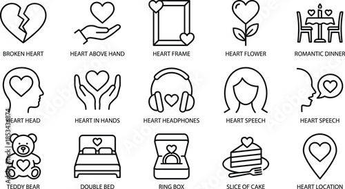 Love icons, romantic symbols, heart illustrations, Valentine graphics, relationship elements, black and white line art, emotional design, affection theme