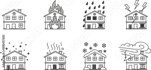 House disaster icons set fire flood rain lightning snow wind weather damage insurance risk safety outline vector illustration