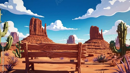 Pixel art wooden bench offers a resting spot overlooking a stunning desert mesa landscape vista