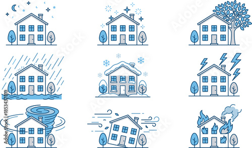 House weather and natural disaster icons set showing rain snow storm flood fire wind seasons home safety vector illustration