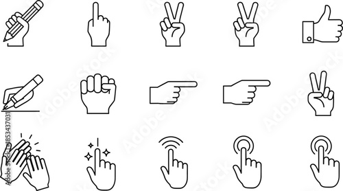 Hand gesture outline icon set showing pointing, writing, tapping, clicking, approval, interaction symbols for user interface design
