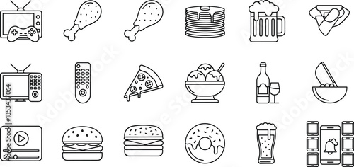 Food, drink and entertainment line icon set featuring fast food, snacks, beverages, media devices isolated on white background