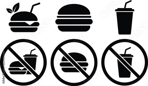 Fast food and no junk food solid icon set featuring burger soda prohibition healthy eating warning symbols collection