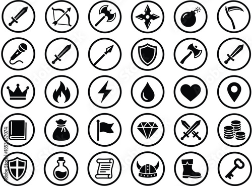 Fantasy game and adventure icons set featuring weapons magic shields treasure symbols medieval role playing vector illustration collection