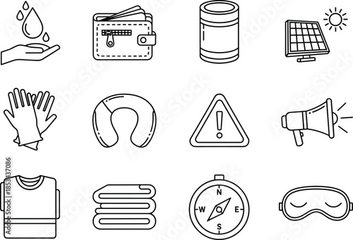 Emergency survival line icon set featuring water, solar panel, warning signs, safety equipment isolated on white background for outdoor preparedness