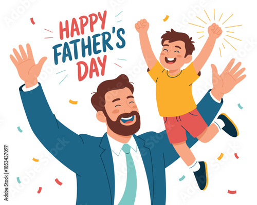 A father and son celebrate Father's Day with joy and confetti.