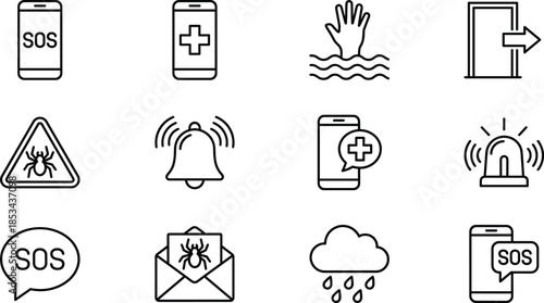 Emergency safety and SOS alert line icon set featuring medical help warning evacuation rescue symbols collection mobile app interface design