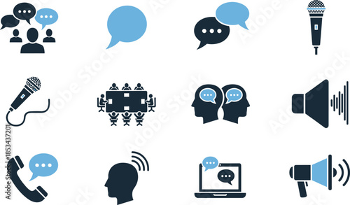 Communication and media icons set with chat bubbles microphone meeting discussion sound speaker voice technology illustration collection